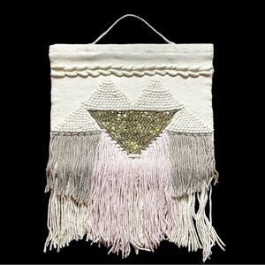 Pier 1 Macrame Woven Tapestry Wall Hanging with Gold Sequin Accents Boho Chunky